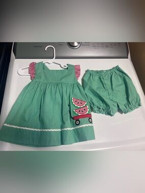 Petit Ami Green and Red Gingham Dress with Bow Detail